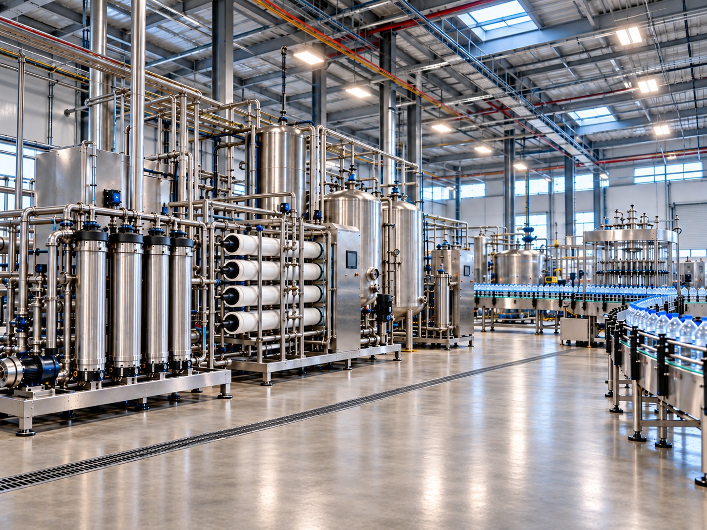 Bottling and beverage production water treatment system with filtration and reverse osmosis